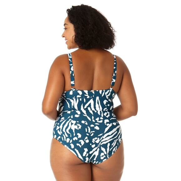 Anne Cole V-Wire Blue Jungle Fever Print One Piece Swimsuit Plus Size 24W - Picture 2 of 11